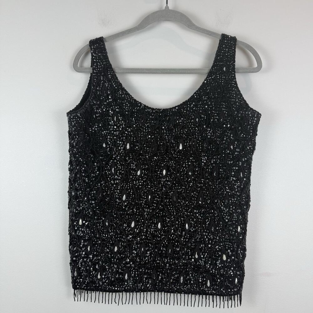 Vintage 1960s Beaded Black Sweater Shell Vest Bonnie‎ Wong Hong Kong M/L Glam